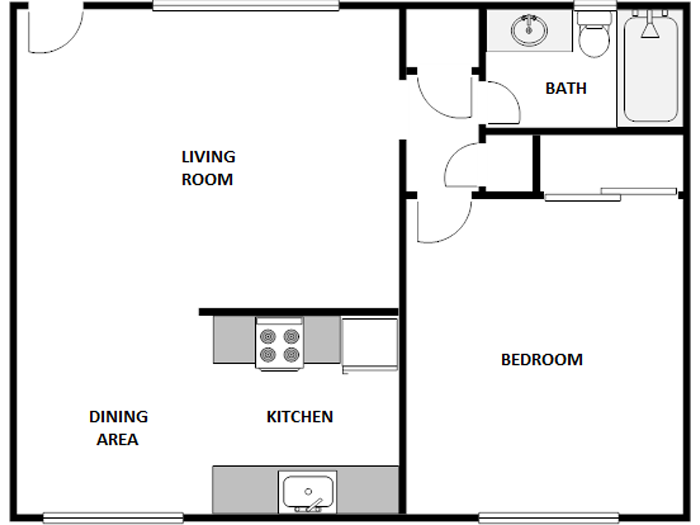Floor plan for 1 bed, 1 bath, 600 sqft